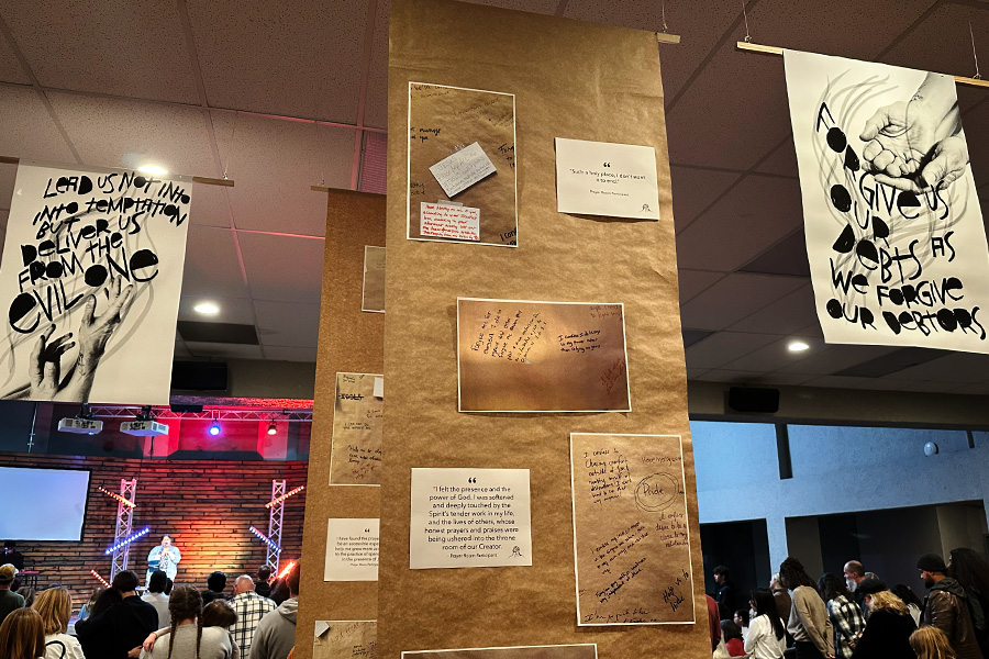 Redeemer Modesto banners showing the movements of the Lord's Prayer